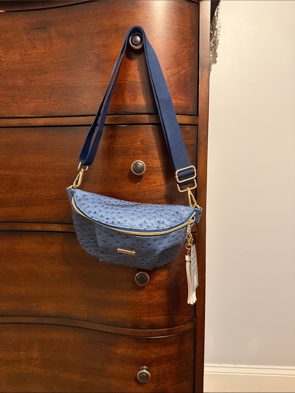 Makeup Junkie Blue Textured Crossbody Belt Bag